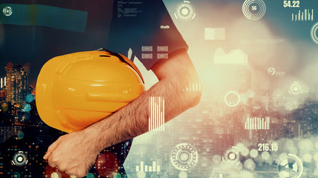 Future building construction and inventive engineering project concept with HUD hologram graphic...