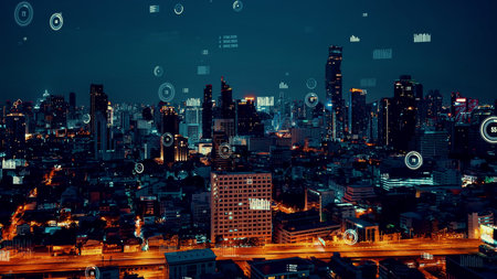 Business data analytic interface fly over smart city showing alteration future of business...