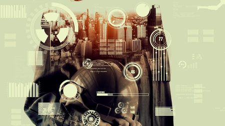 Future building construction and inventive engineering project concept with HUD hologram graphic...