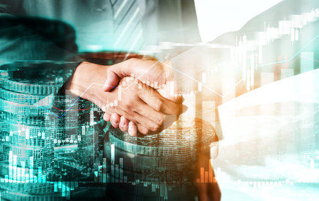 Business handshake on finance prosperity and money technology asset background . Economy and...