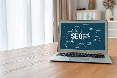 SEO search engine optimization for modish e-commerce and online retail business showing on computer screenの写真素材