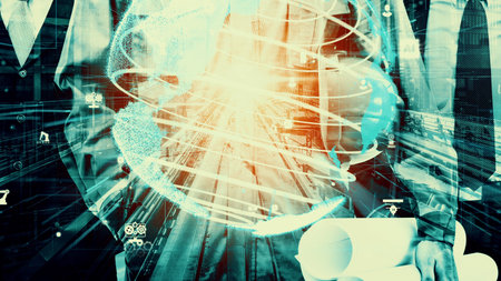 Future building construction and inventive engineering project concept with HUD hologram graphic...