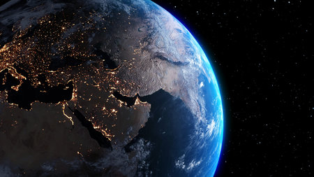 Planet earth with realistic geography surface and orbital 3D cloud atmosphere . Outer space view of...