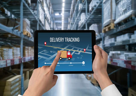 Delivery tracking system for e-commerce and modish online business to timely goods transportation and deliveryの写真素材