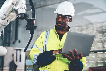 African American factory worker working with adept robotic arm in a workshop . Industry robot...