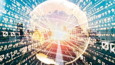 Futuristic global social media, people network and tacit digital data sharing . Concept of smart digital transformation and technology disruption that changes global trends in new information era .の写真素材