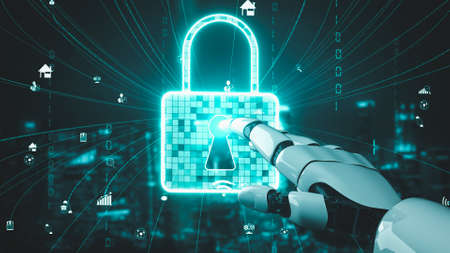 Futuristic robot artificial intelligence enlightening AI technology development and machine learning concept. Global robotic bionic science research for future of human life. 3D rendering graphic.の写真素材