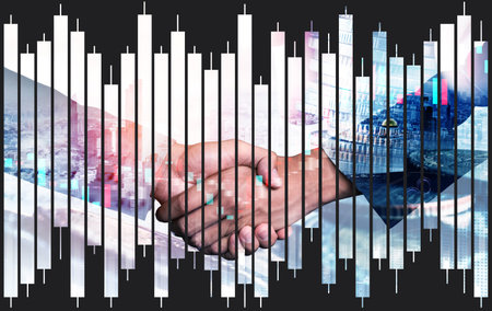 Business handshake on finance prosperity and money technology asset background . Economy and...