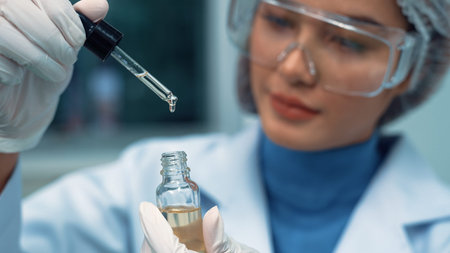 Scientist test CBD hemp oil product in curative CBD lab . The hemp oil contain natural cbd...