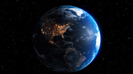 Planet earth with realistic geography surface and orbital 3D cloud atmosphere . Outer space view of world globe sphere of continents . 3D rendering graphic . Elements of this image furnished by NASA .の写真素材