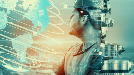Future building construction and inventive engineering project concept with HUD hologram graphic...