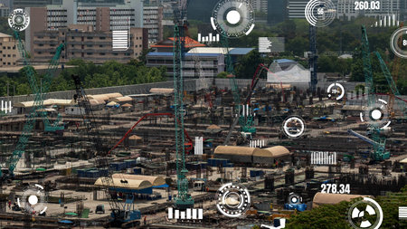 Construction technology concept with alteration graphic over construction site showing concept of...