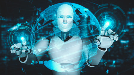 Futuristic robot artificial intelligence enlightening AI technology development and machine learning...