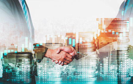 Business handshake on finance prosperity and money technology asset background . Economy and...