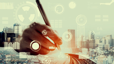 Future building construction and inventive engineering project concept with HUD hologram graphic...