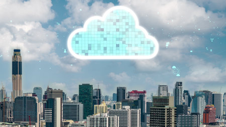 Cloud computing technology and online data storage for alteration data sharing . Computer connects...