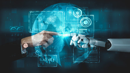Futuristic robot artificial intelligence enlightening AI technology development and machine learning...