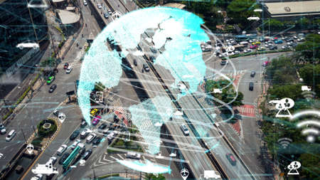 Smart transport technology alteration concept for future road traffic control . Virtual intelligent system makes driving information analysis to connect data of vehicle on city street for driver .の写真素材