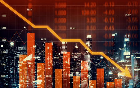 Economic crisis concept shown by declining graphs and digital indicators overlap modernistic city...
