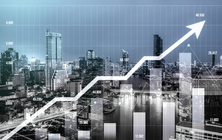 Financial graphs and digital indicators overlap with modernistic urban area, skyscrabber for stock...