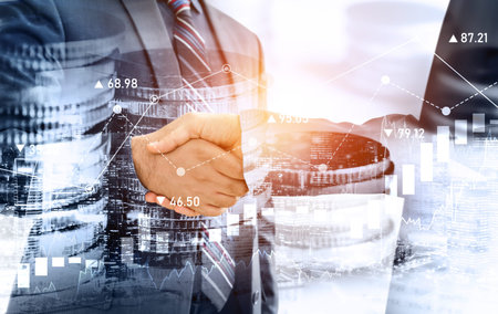 Business handshake on finance prosperity and money technology asset background . Economy and...