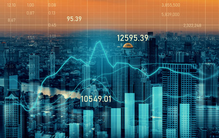 Stock market business concept. Financial graphs and digital indicators with modernistic urban area...