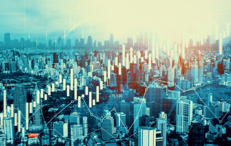 Stock market business concept. Financial graphs and digital indicators with modernistic urban area...