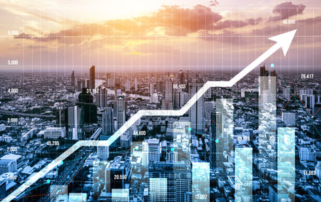 Financial graphs and digital indicators overlap with modernistic urban area, skyscrabber for stock...