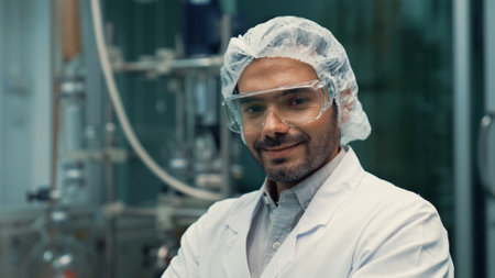 Portrait of a man scientist in uniform working in curative laboratory for chemical and biomedical experimentの写真素材