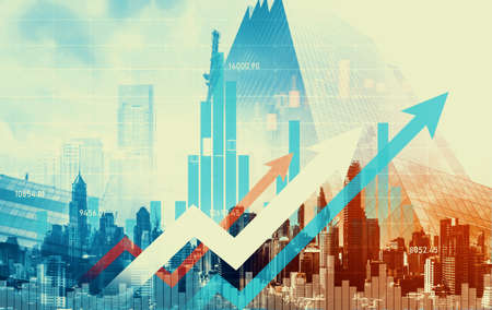Stock market business concept. Financial graphs and digital indicators with modernistic urban area and skyscrapers as background. Double Exposure.の写真素材