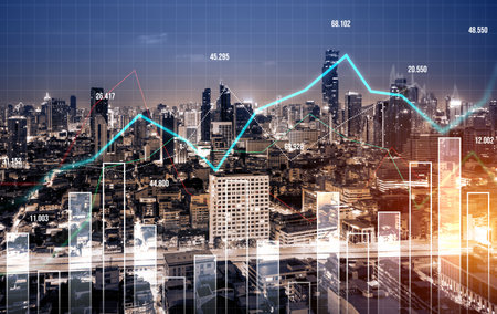 Financial graphs and digital indicators overlap with modernistic urban area, skyscrabber for stock...