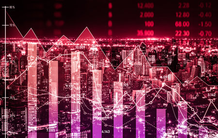 Stock market crash, declined economic, graph falling down and digital indicators overlaps modernistic city. Double exposure.の写真素材