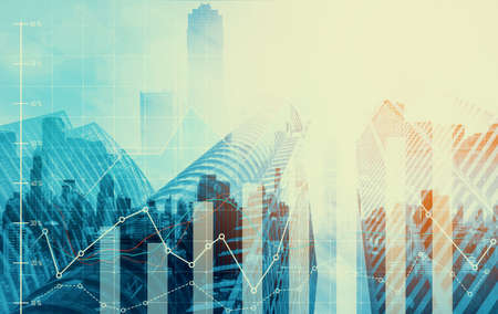 Stock market business concept. Financial graphs and digital indicators with modernistic urban area and skyscrapers as background. Double Exposure.の写真素材