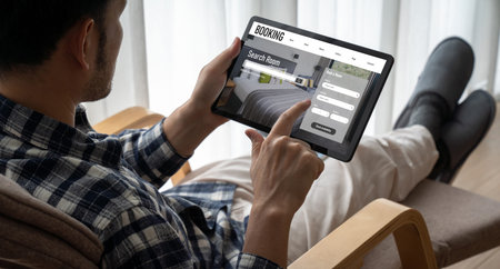 Online hotel accommodation booking website provide modish reservation system . Travel technology concept .の写真素材