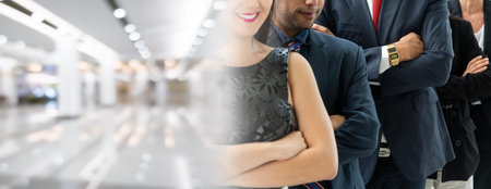Successful business people standing together widen out showing strong relationship of worker...