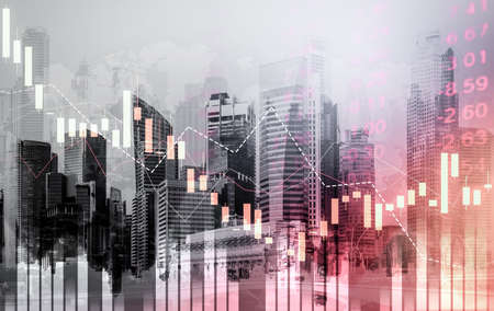 Economic crisis concept shown by digital indicators and graphs falling down with modernistic urban, city area. Double exposure. Stock market crash concept.の写真素材