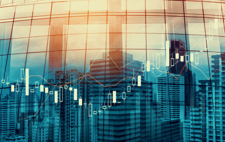 Stock market business concept. Financial graphs and digital indicators with modernistic urban area...