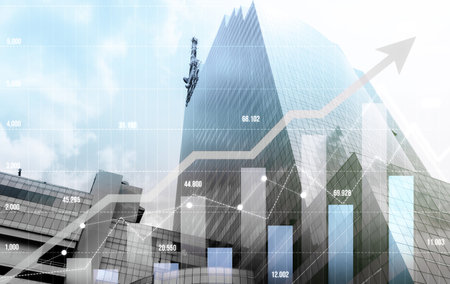 Financial graphs and digital indicators overlap with modernistic urban area, skyscrabber for stock...