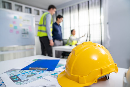 Concept of engineering equipments of protective helmet for competent engineer on piles of paper...