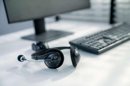 Essential equipment concept for competent online operators, call service agents, or online working. Customer service equipment, as well as helpdesk tools.の写真素材