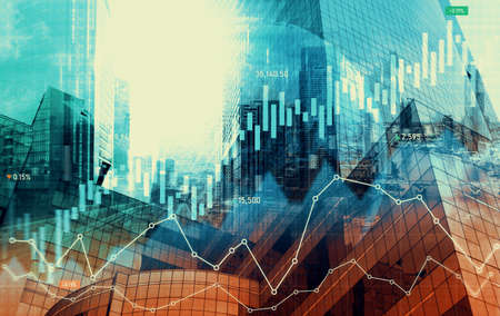 Stock market business concept. Financial graphs and digital indicators with modernistic urban area and skyscrapers as background. Double Exposure.の写真素材