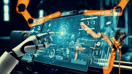 Cybernated industry robot and robotic arms for assembly in factory production . Concept of artificial intelligence for industrial revolution and automation manufacturing process .の写真素材