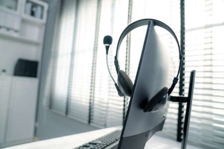 Essential equipment concept for competent online operators, call service agents, or online working. Customer service equipment, as well as helpdesk tools.の写真素材
