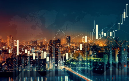 Stock market business concept. Financial graphs and digital indicators with modernistic urban area...