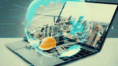 Innovative architecture and inventive civil engineering plan building construction project. Creative graphic design showing concept of infrastructure city building by architect, worker and engineer.の写真素材