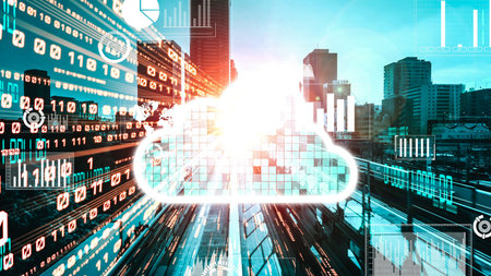 Cloud computer and online data storage with tacit intelligent sharing software . Concept of smart...