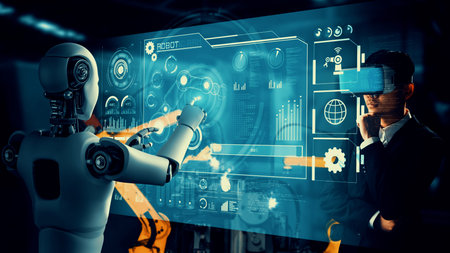 Cybernated industry robot and human worker working together in future factory . Concept of...