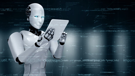 Futuristic robot artificial intelligence huminoid AI programming coding technology development and...