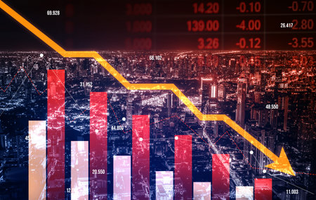 The digital indicators and declining graphs of a stock market crash overlap the backdrop of a...