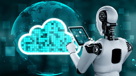 AI robot huminoid uses cloud computing technology to store data on online server . Futuristic...